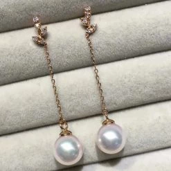 Takaramonobr 7.5-8.0 Mm White Akoya Pearl Dangle Twig Earrings With Diamonds