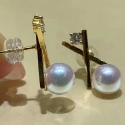 Takaramonobr Matchstick 7.5-8.0 Mm Akoya Cultured Pearl Earrings With Diamond In 18K Gold Akoya Pearls