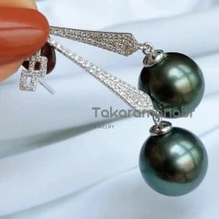 Takaramonobr 12.0-13.0 Mm Pave Diamond Tahitian Pearl Drop Earrings