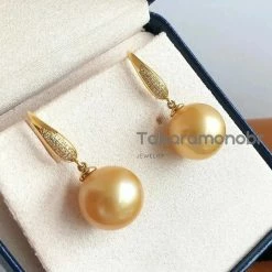 Takaramonobr Golden South Sea Pearls Plump Pave Diamond And Pearl French Hook Earrings, 13.0-14.0 Mm Golden South Sea Pearl