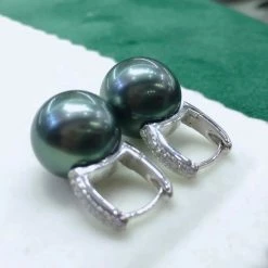 Takaramonobr 13.0-14.0 Mm Fixed Square Edge Diamond And Tahitian Pearl Hoop Earrings
