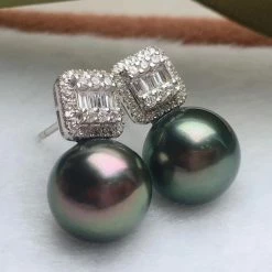 Takaramonobr Offset Square 10.0-11.0 Mm Black Green Tahitian Pearl & Diamond Stud Earrings
