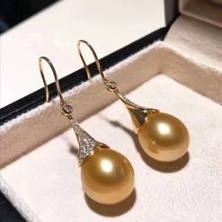 Takaramonobr Diamond Trumpet French Hook Pearl Earrings, 12.0-13.0 Mm Golden South Sea Pearl