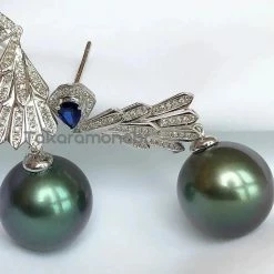 Takaramonobr Black Pearls Plumage 13.0-14.0 Mm Tahitian Blue Green Pearl & Diamond Sapphire Earrings In G18k