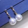 Takaramonobr Pearl Earrings Blue Rain 9.0-10.0 Mm White South Sea Pearl Sapphire Earrings In Gold With Diamonds
