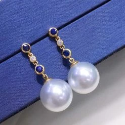 Takaramonobr Pearl Earrings Blue Rain 9.0-10.0 Mm White South Sea Pearl Sapphire Earrings In Gold With Diamonds
