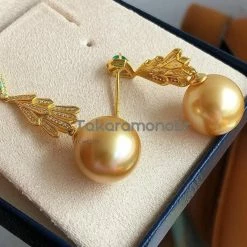 Takaramonobr Plumage 13.0-14.0 Mm Golden South Sea Pearl & Diamond Emerald Earrings In G18k