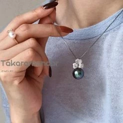 Takaramonobr Clover 12.0-14.0 Mm Tahitian Purplish Black Pearl & Diamond Earrings/Pendant In 18K White Gold Different Pearl Type In Same Style