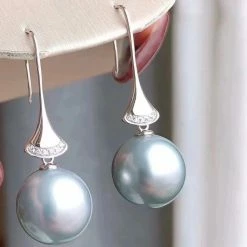 Takaramonobr 11.0-12.0 Mm Silver-Blue Tahitian Pearl Stiletto Diamonds Pearl Earrings