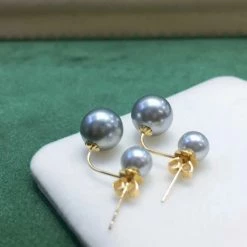 Takaramonobr Double Pearls Series | Tahitian Silver Blue & Akoya Pearl Stud Earrings In 18K Gold Akoya Pearls