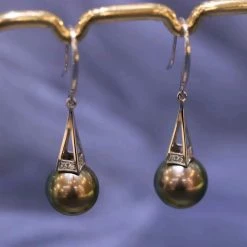 Takaramonobr Tower Collection 10.0-11.0 Mm Tahitian Black Pearl & Diamond Dangle Earrings Mounted On G18k Different Pearl Type In Same Style