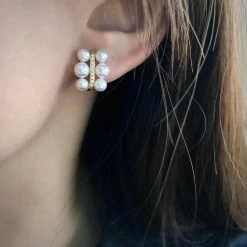 Takaramonobr 4.0-4.5 Mm White Akoya Pearl Cluster Half Hoop Earrings With Diamonds In Gold