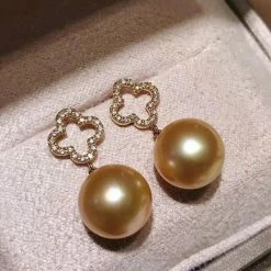 Takaramonobr Square Cross AAA 10.0-11.0 Mm Golden South Sea Pearl & Diamond Dangle Earrings