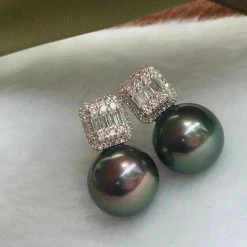 Takaramonobr Offset Square 10.0-11.0 Mm Black Green Tahitian Pearl & Diamond Stud Earrings