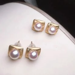 Takaramonobr Abstract Akoya Pearl Stud Earrings With Diamonds In Gold, 7.0-7.5 Mm Akoya Pearls