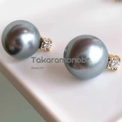 Takaramonobr Forever Elegant 10.0-11.0 Mm Tahitian Silver Blue Pearl & Diamond Stud Earrings/Pendant In 18K Gold Blue Pearls